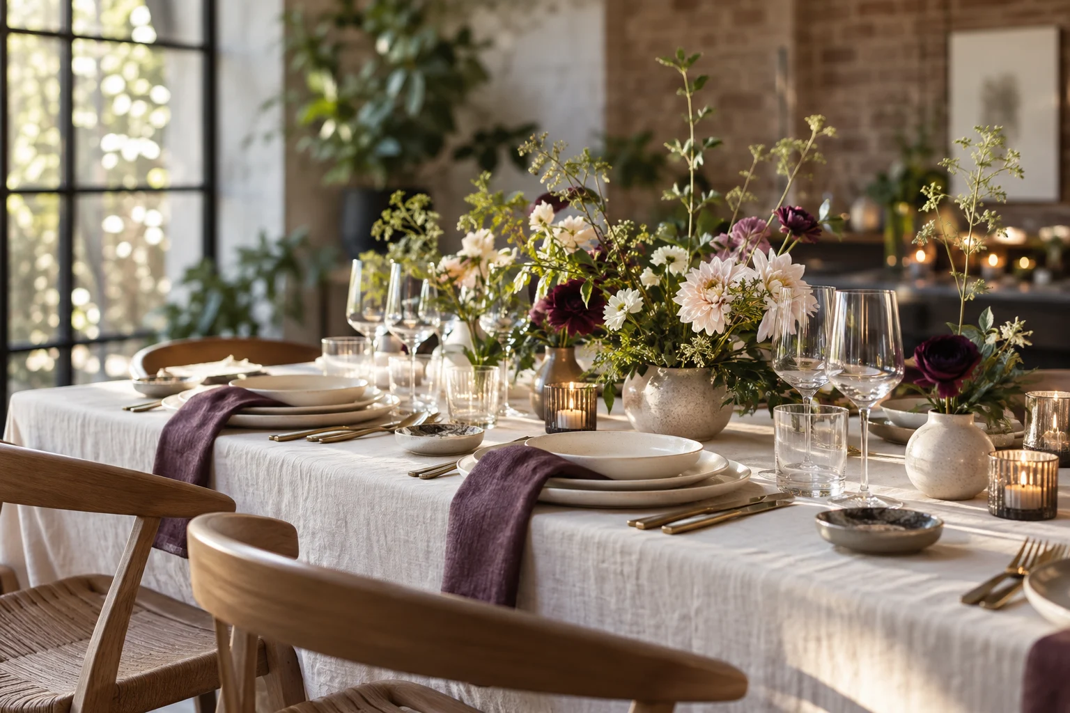 Flowers and place settings around a sunlit gathering table